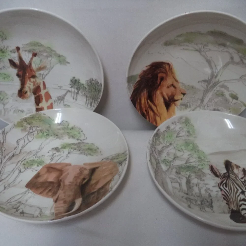 Pier 1 Africa Vtg Hand Painted Earthenware Bowl Set 4 Italy Elephant Lion Zebra